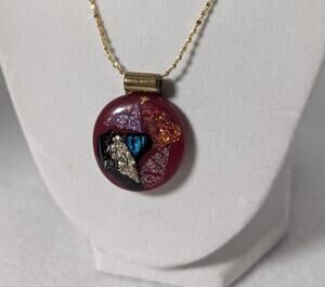 Wine color fused glass pendant and  23"GP chain.Bail is brass Artisan/Handmade